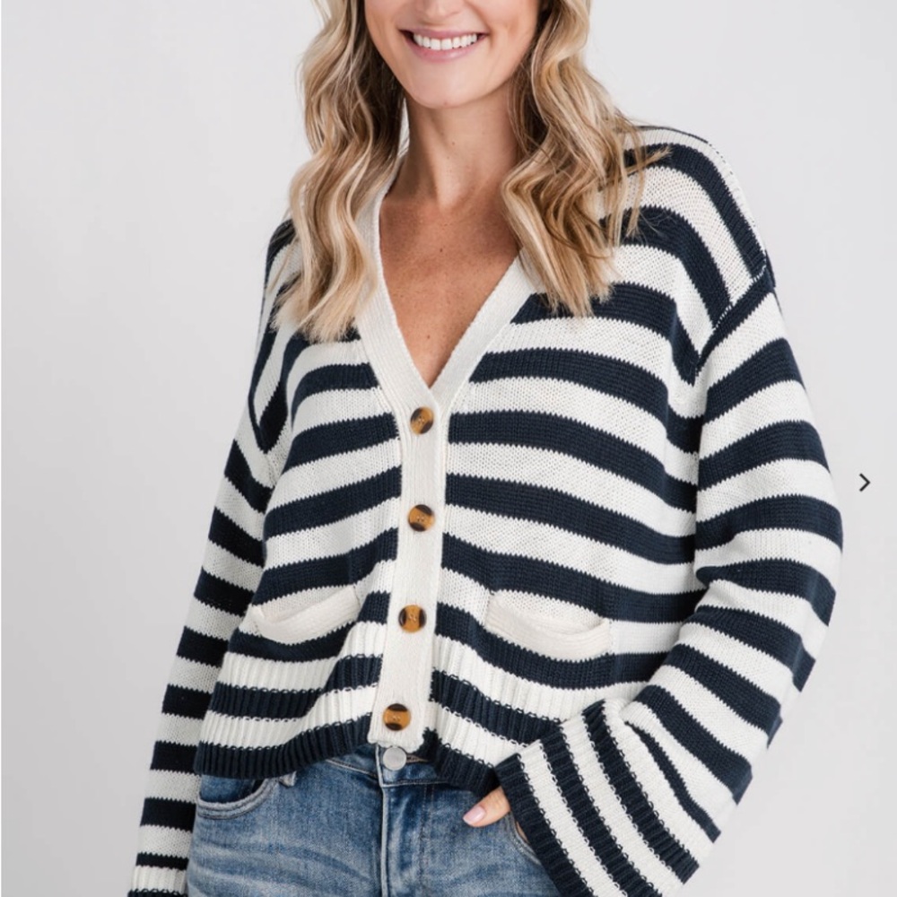 BY Together Size Medium Navy and White striped cropped cardigan sweater
